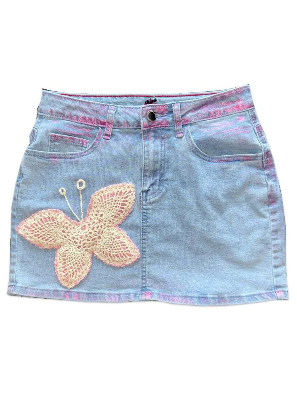 upcycled denim mini skirt with vintage 1960s butterfly doily ♡